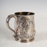 A George I silver mug, London, 1726, makers mark rubbed, with later embossed decoration of a
