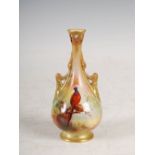 A Royal Worcester hand painted miniature bottle vase, dated 1908, decorated with a pair of pheasants