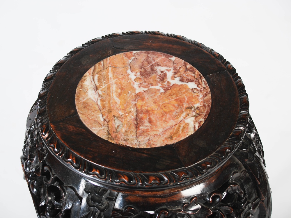 A Chinese dark wood jardiniere stand, Qing Dynasty, the circular top with mottled red marble insert, - Image 2 of 4