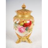 A Royal Worcester pot pourri jar and cover, dated 1908, decorated with hand painted roses and