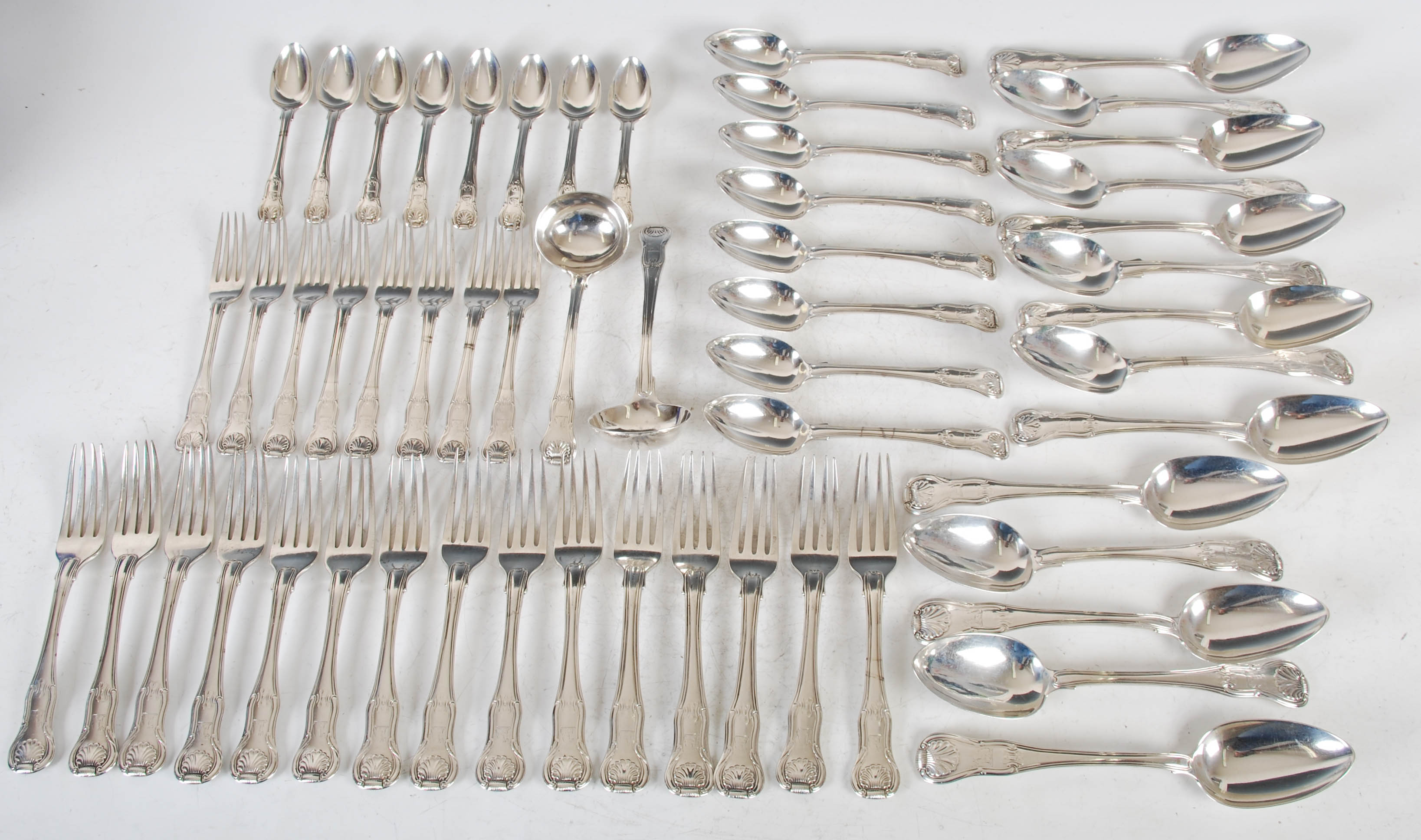 A part suite of George III silver Kings pattern flatware, London, 1818 and later, makers mark of