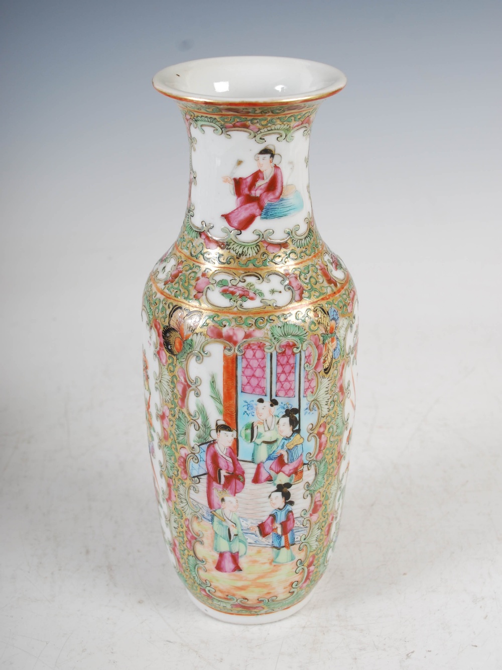 A pair of Chinese porcelain famille rose Canton vases, Qing Dynasty, decorated with panels of - Image 2 of 10