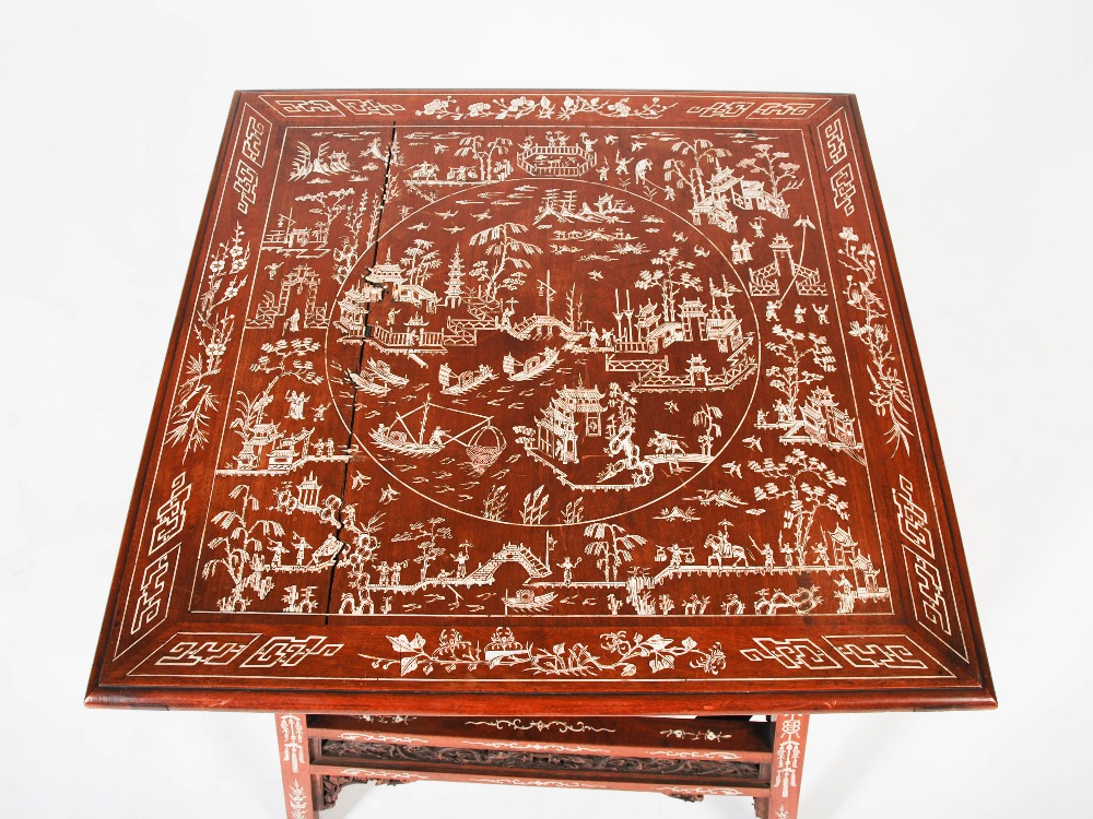 A Chinese dark wood and ivory inlaid square shaped occasional table, late Qing Dynasty, the square - Image 3 of 12