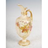 A Royal Worcester ivory ground ewer, dated 1894, decorated with foliate sprays, puce printed