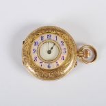 An 18K gold and enamel half hunter pocket watch, with white enamel dial and Roman numerals,