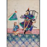 A Chinese watercolour of a warrior and attendant boy, Qing Dynasty, on pith paper, 29cm x 19cm.