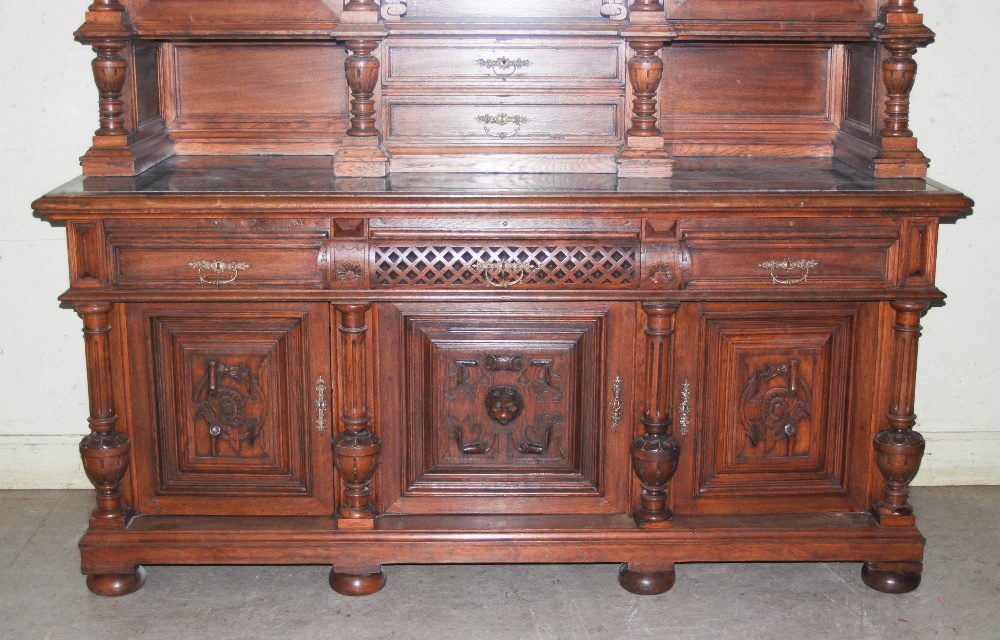A late 19th century oak sideboard, the upright back with two bevelled mirror recesses and two - Image 3 of 8