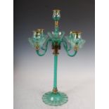 A late 19th century green and opaque twist glass five light candelabra, the urn shaped nozzles