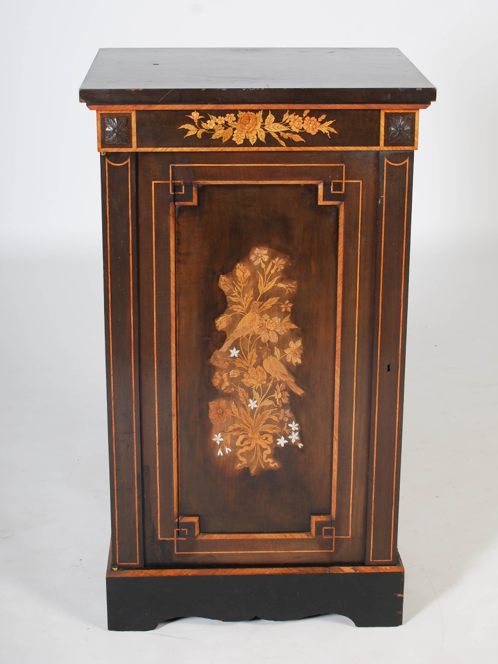 A Victorian ebonised and marquetry inlaid side cabinet, the rectangular top above a frieze inlaid - Image 3 of 9