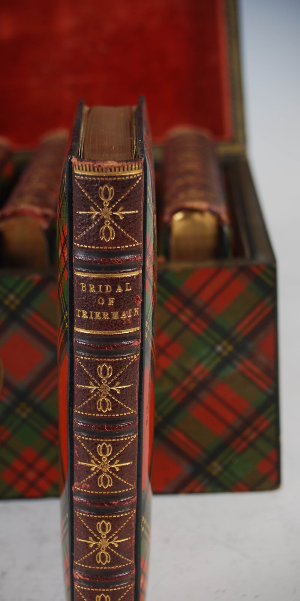 A 19th century tartan ware box containing six tartan ware bound volumes of Scott's Poetical Works, - Image 13 of 16