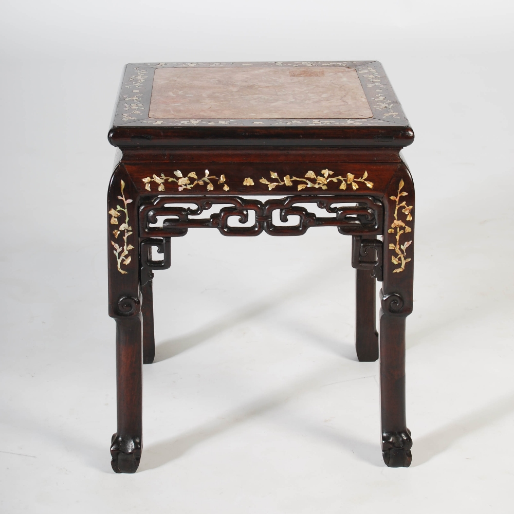 A Chinese dark wood and mother of pearl inlaid jardiniere stand, Qing Dynasty, the square top with - Image 2 of 5