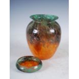 Two pieces of Monart glass, comprising; a vase, shape HF, mottled green, orange and yellow with gold