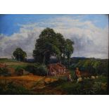 19th century British School Summer landscape with children, dog and sheep oil on canvas 29.5cm x