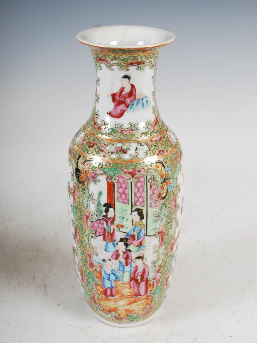 A pair of Chinese porcelain famille rose Canton vases, Qing Dynasty, decorated with panels of - Image 7 of 10