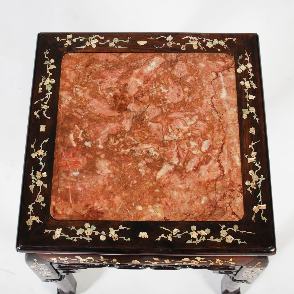 A Chinese dark wood and mother of pearl inlaid jardiniere stand, Qing Dynasty, the square top with - Image 3 of 5