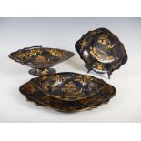A group of 19th century Toleware, comprising; oval shaped basket with swing handle, 33.5cm wide; a