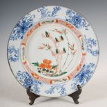 A Chinese porcelain blue and white plate, Qing Dynasty, decorated in iron red, green and yellow
