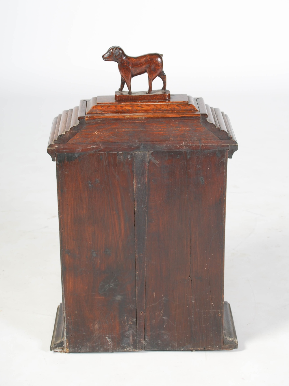 A 19th century oak table cabinet, the caddy top with detachable cover and dog carved finial, over an - Image 6 of 6