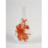 A Chinese porcelain snuff bottle, pear shaped, decorated with warriors in rouge-de-fer, 8cm high