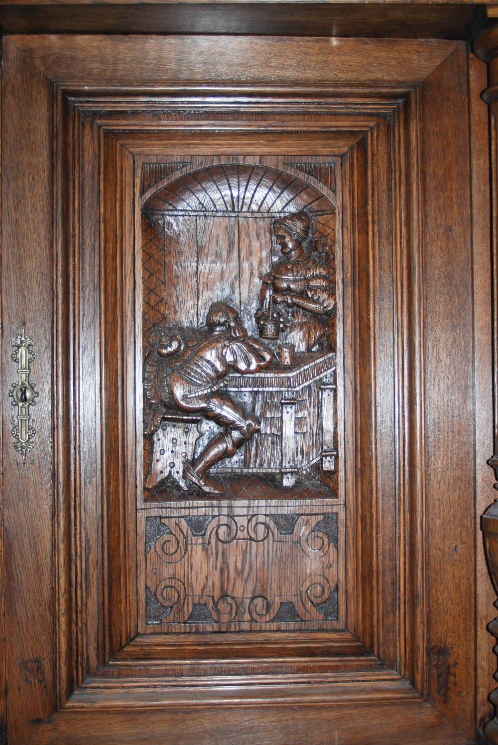 A late 19th century oak sideboard, the upright back with two bevelled mirror recesses and two - Image 6 of 8