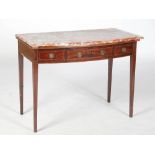 An Edwardian mahogany and boxwood lined bow front side table, the mottled red, white and grey