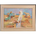 Monfort (20th century) Beach scene with figures and fishing boat oil on canvas, signed lower right