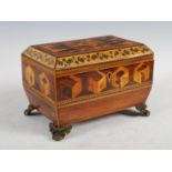 A 19th century rosewood and marquetry inlaid sarcophagus shaped tea caddy, inlaid with square shaped