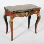 A 19th century ebonised boulle work serpentine card table, the hinged top decorated with panel of