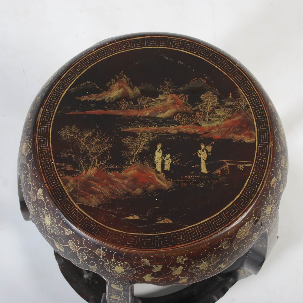 A Chinese lacquered drum shaped stool, Qing Dynasty, decorated with a circular panel of figures - Image 2 of 5