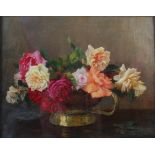 William Arthur Chase (1878-1944) Roses oil on canvas, signed lower right, inscribed on label
