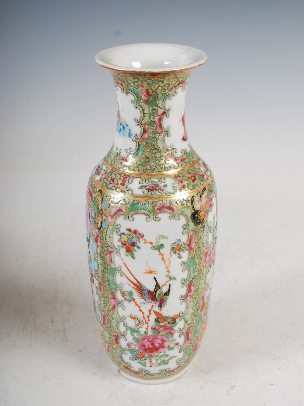 A pair of Chinese porcelain famille rose Canton vases, Qing Dynasty, decorated with panels of - Image 8 of 10