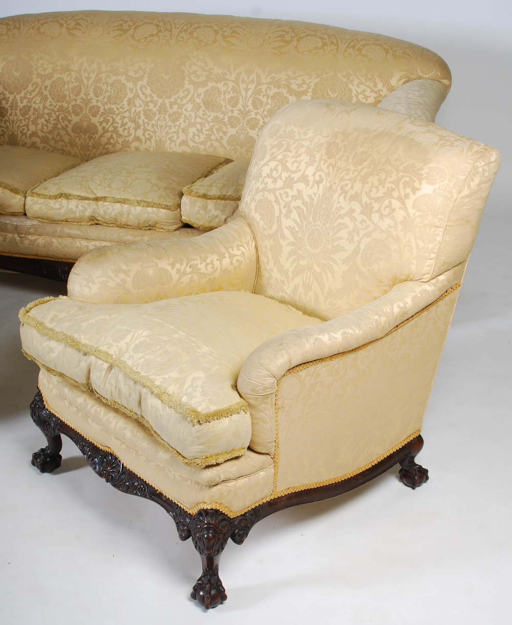 A 20th century mahogany three piece suite, comprising; three seat sofa and two armchairs, all - Image 7 of 7