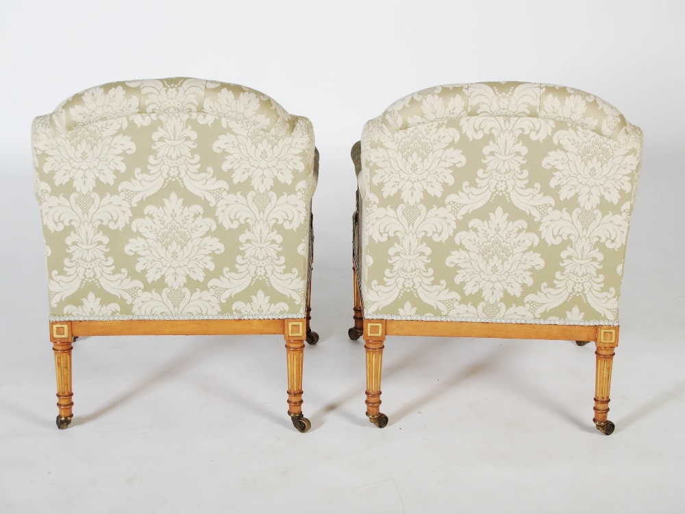 A pair of Edwardian mahogany and parcel gilt tub chairs, the button down upholstered backs, arms and - Image 4 of 5