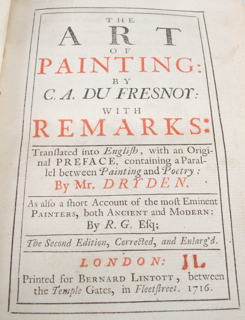 C.A. Du Fresnor, The Art Of Painting, London, printed for Bernard Lintott 1716, leather spine