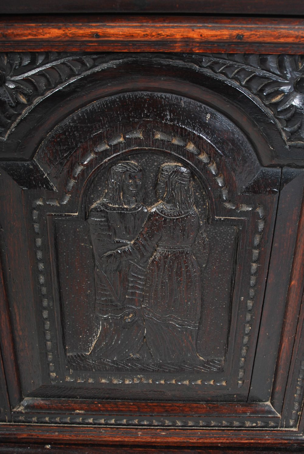 A 19th century oak table cabinet, the caddy top with detachable cover and dog carved finial, over an - Image 5 of 6