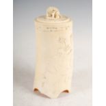 A Japanese ivory tusk vase and cover, Meiji Period, decorated in shallow relief with bijin,