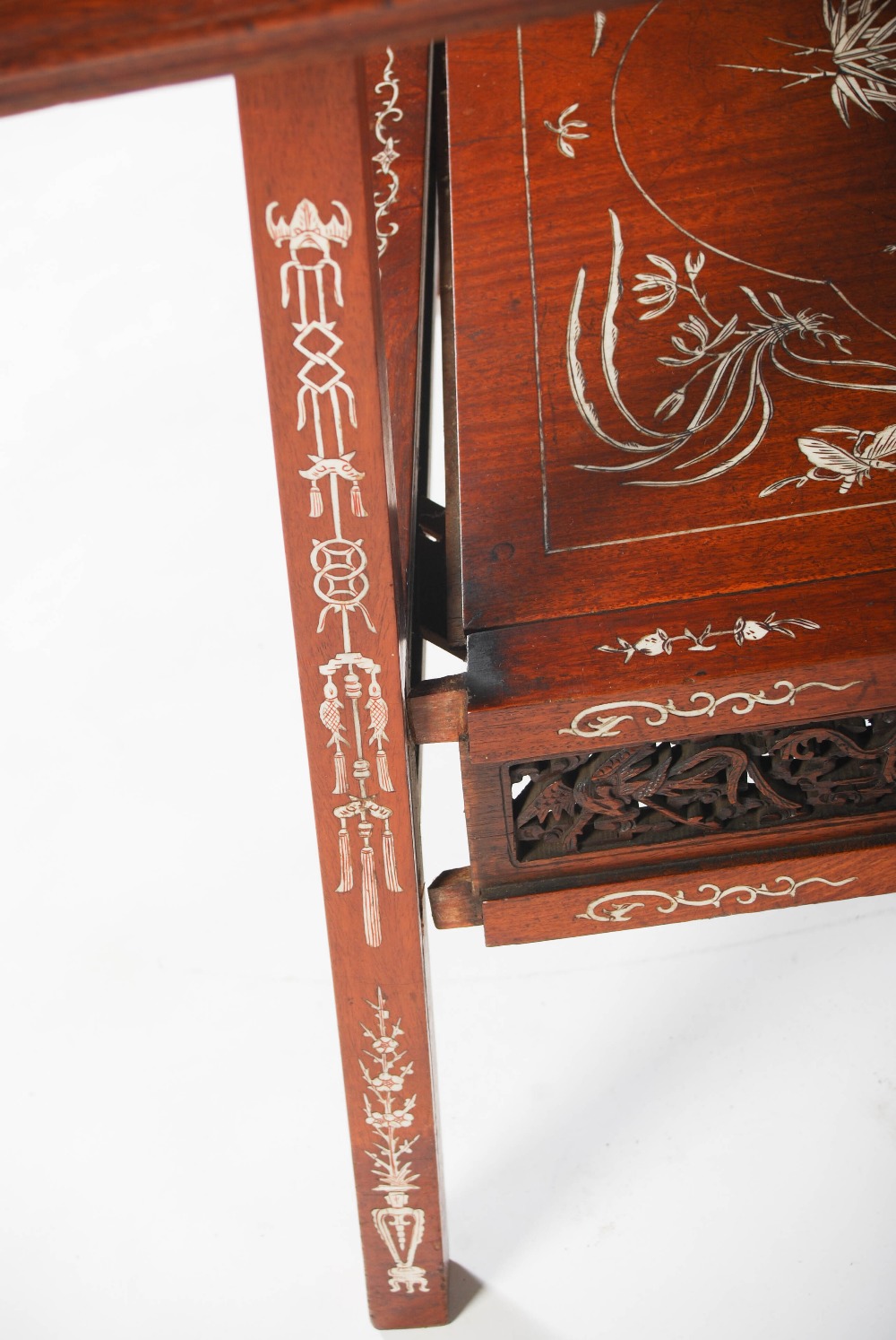 A Chinese dark wood and ivory inlaid square shaped occasional table, late Qing Dynasty, the square - Image 11 of 12