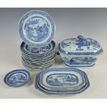 A Chinese porcelain blue and white part dinner set, Qing Dynasty, comprising; eighteen octagonal