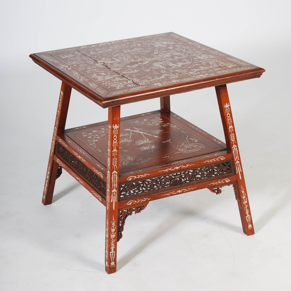 A Chinese dark wood and ivory inlaid square shaped occasional table, late Qing Dynasty, the square