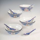 A set of eight Chinese porcelain blue ground bowls, decorated with lotus scroll, together with