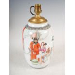 A Chinese porcelain vase converted to a table lamp, Republic Period, decorated with a lady before an