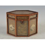 A Fine George III curled paper, mahogany and ebony lined hexagonal shaped tea caddy, the cover