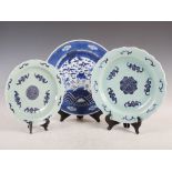 A group of Chinese porcelain, Qing Dynasty, to include; two graduated celadon ground dishes