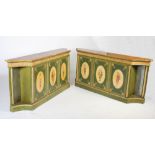 A pair of 19th century green painted Neo Classical style side cabinets, the satinwood veneered
