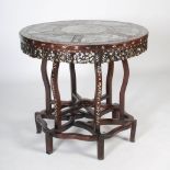 A Chinese dark wood and mother of pearl inlaid centre table, Qing Dynasty, the circular top
