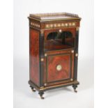 A Victorian ebonised, amboyna, porcelain and gilt metal mounted side cabinet, the rectangular top