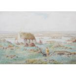 John P. Main RBA (fl.1893-1928) Coastal landscape with thatched cottage and figures watercolour,