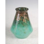 A small Monart vase, shape S, mottled black and green glass with gold coloured inclusions, 13.5cm