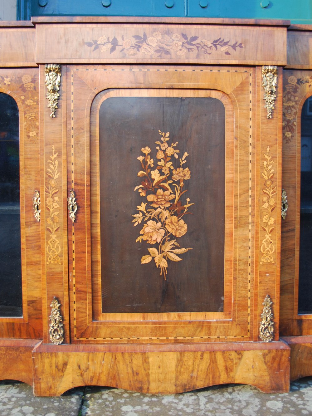 A Victorian walnut, marquetry and gilt metal mounted breakfront credenza, the central panelled - Image 2 of 11