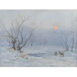 AR John Murray Thomson RSA RSW PSSA (1885-1974) Sunset snow covered woodland with deer oil on
